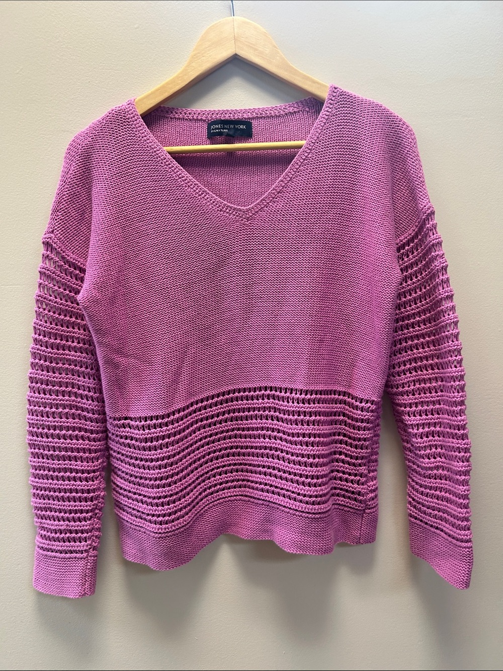 Jones New York 100% Cotton Violet Open-Knit V-Neck Sweater